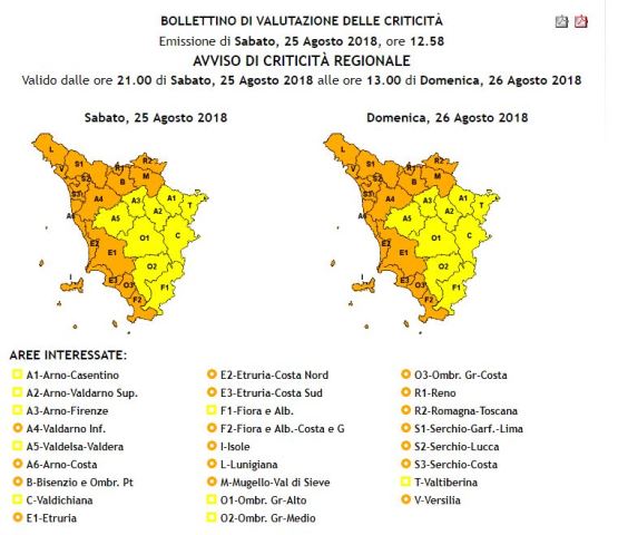 Aree interessate dall'allerta meteo arancione