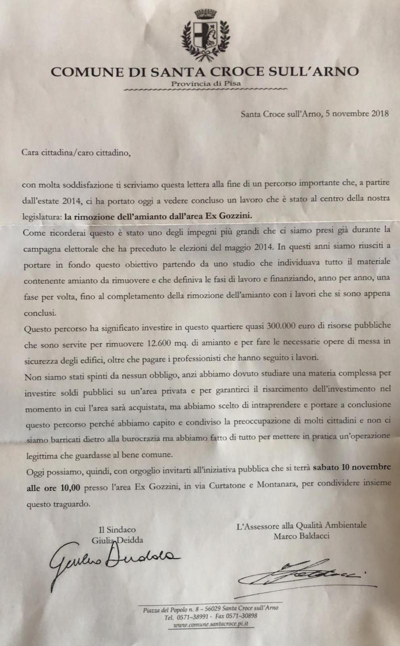 La lettera del Comune riguardo l'ex Gozzini